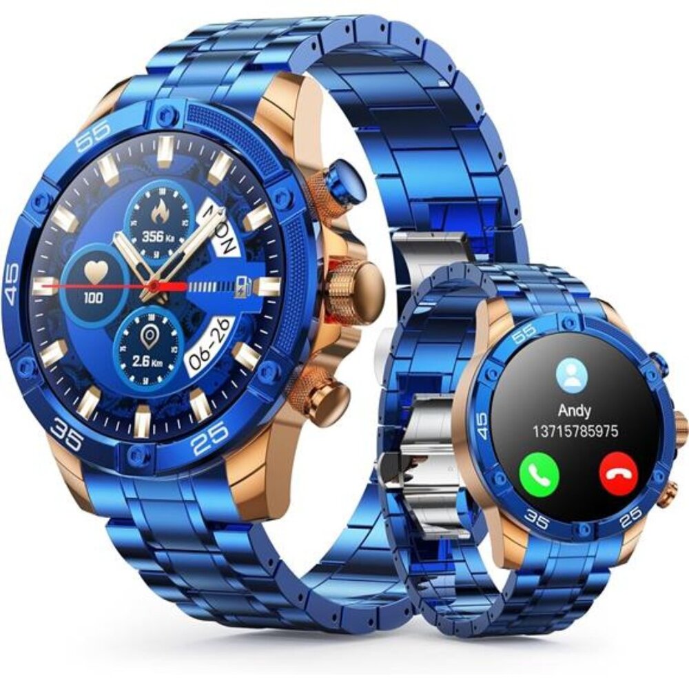 Men's Smart Watch Round HD 1.53" Gold Blue Smart Watches for Men
